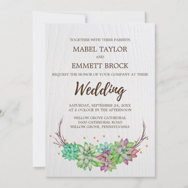 Boho Rustic Pink and Mint Floral Succulent Wedding Invitation (Front)