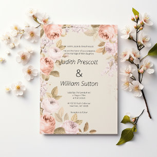 Boho rustic pink coral mauve ivory floral Wedding  Invitation