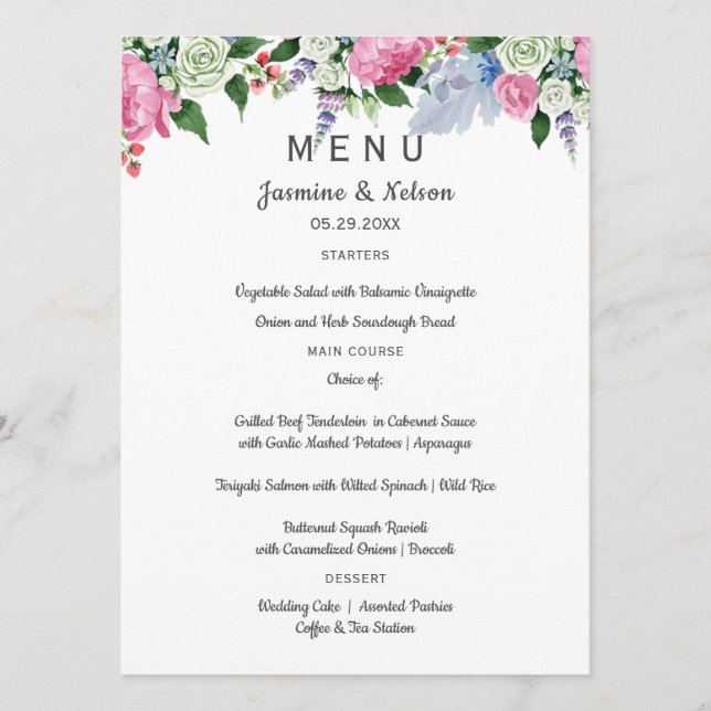 Boho rustic pink lavender flowers Wedding or Party Menu (Front)