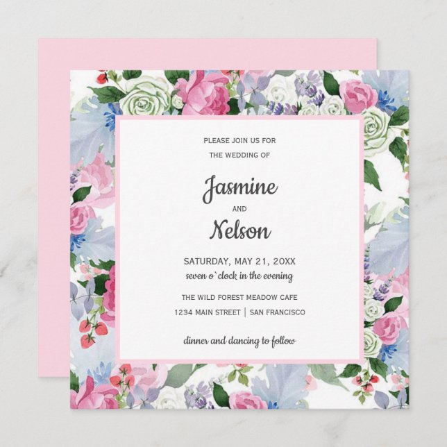 Boho Rustic pink white lilac blue flowers wedding Invitation (Front/Back)