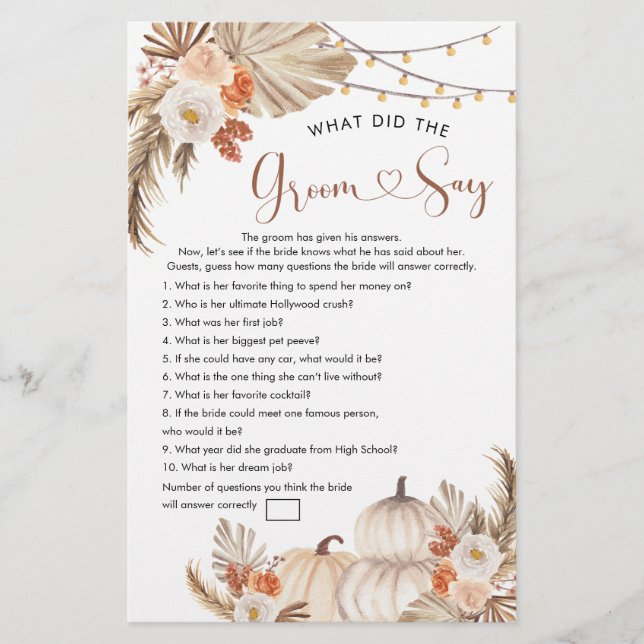 Boho Rustic Pumpkin Fall in Love Groom Say Game (Front)