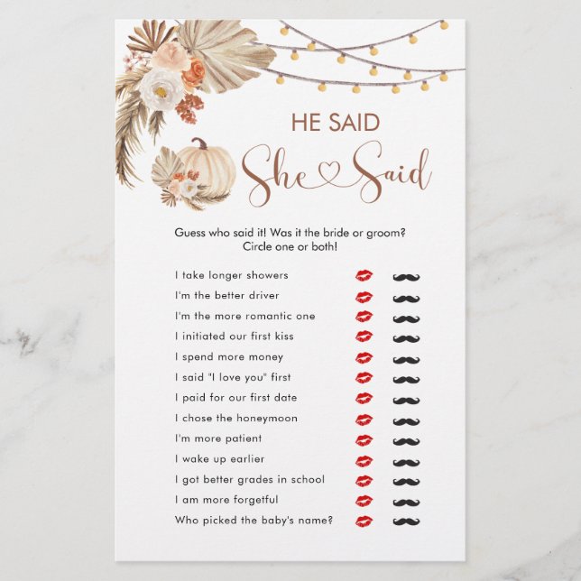 Boho Rustic Pumpkin Fall in Love He Said She Said (Front)