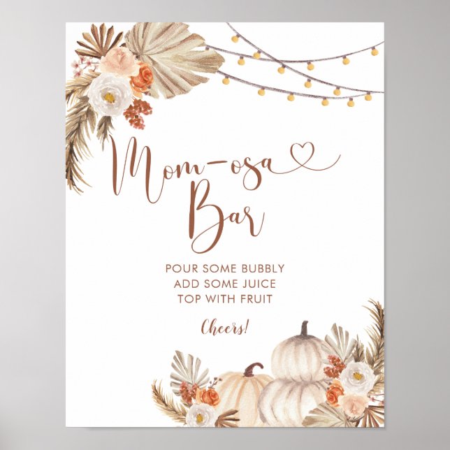 Boho Rustic Pumpkin Fall in Love Mom-osa Bar Poster (Front)