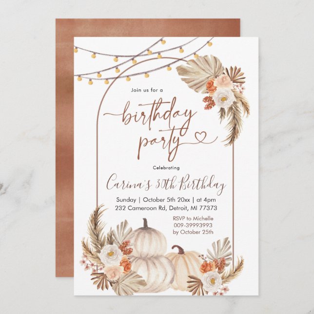 Boho Rustic Pumpkin String Light Fall Birthday Invitation (Front/Back)