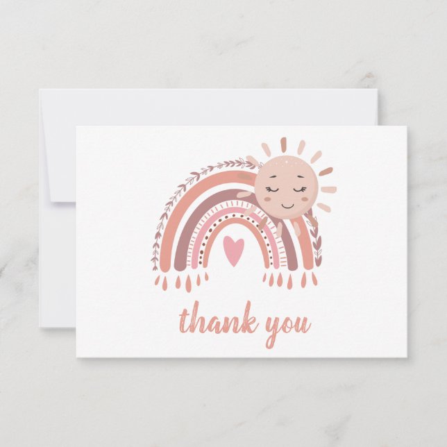 Boho Rustic Rainbow & Sun Baby Shower for Girl Thank You Card (Front)