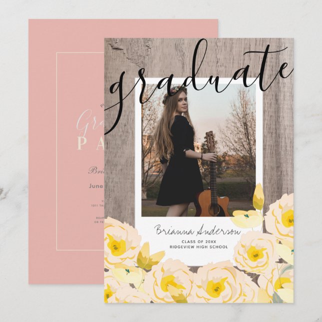 Boho Rustic Rose Floral Wood Photo Graduation Invitation (Front/Back)