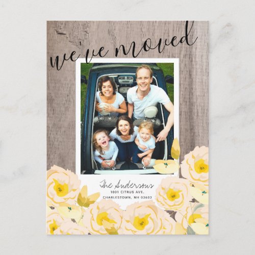 Boho Rustic Rose Floral Wood Photo Moving Announcement Postcard