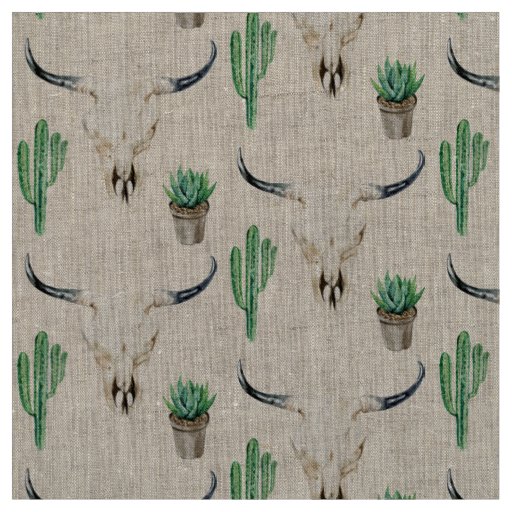 Boho Rustic Skull Cactus Patterned Fabric
