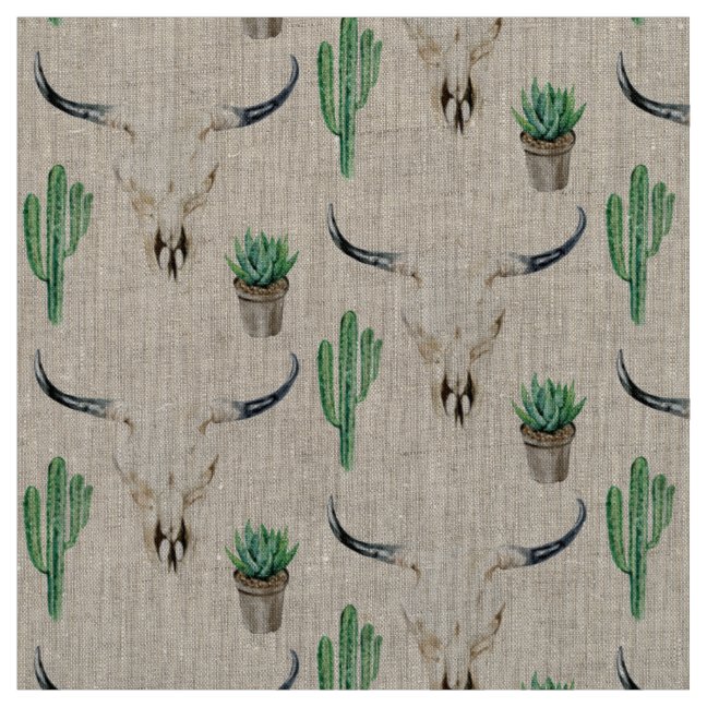 Boho Rustic Skull Cactus Patterned Fabric