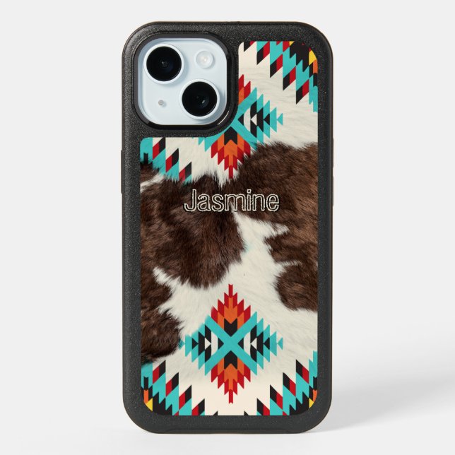 Boho Rustic South Western Cowhide Aztec pattern iPhone 15 Case (Back)