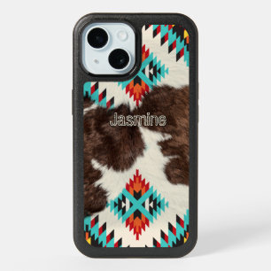 Boho Rustic South Western Cowhide Aztec pattern iPhone 15 Case