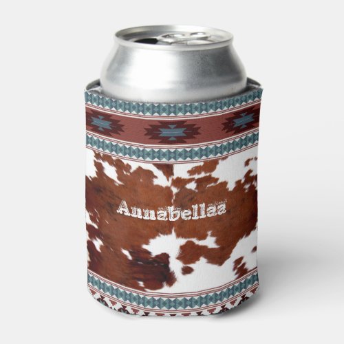 Boho Rustic South Western Cowhide Name Can Cooler