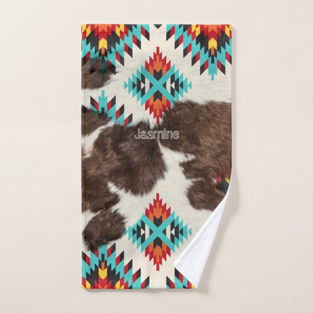 Boho Rustic SouthWestern Cowhide Aztec Pattern  Bath Towel Set (Hand Towel)