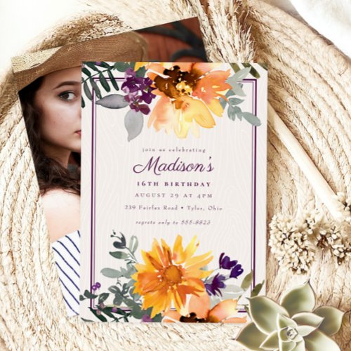 Boho Rustic Sunflower Wildflower Photo Birthday Invitation