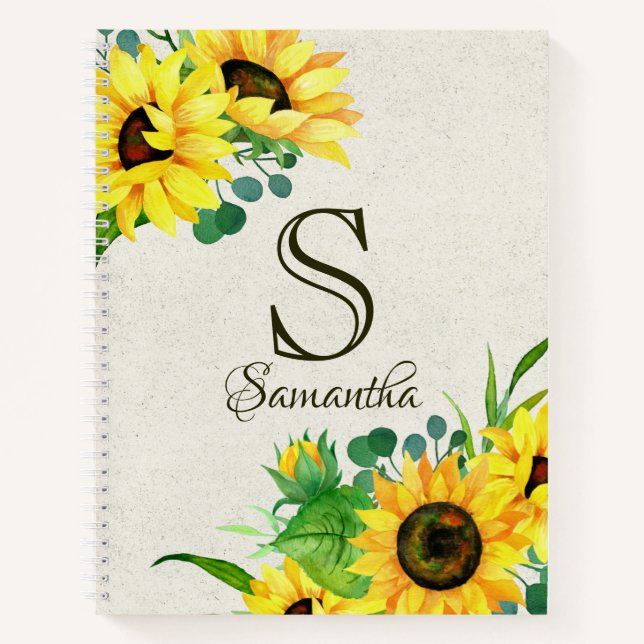Boho Rustic Sunflowers Monogram Initial Notebook (Front)