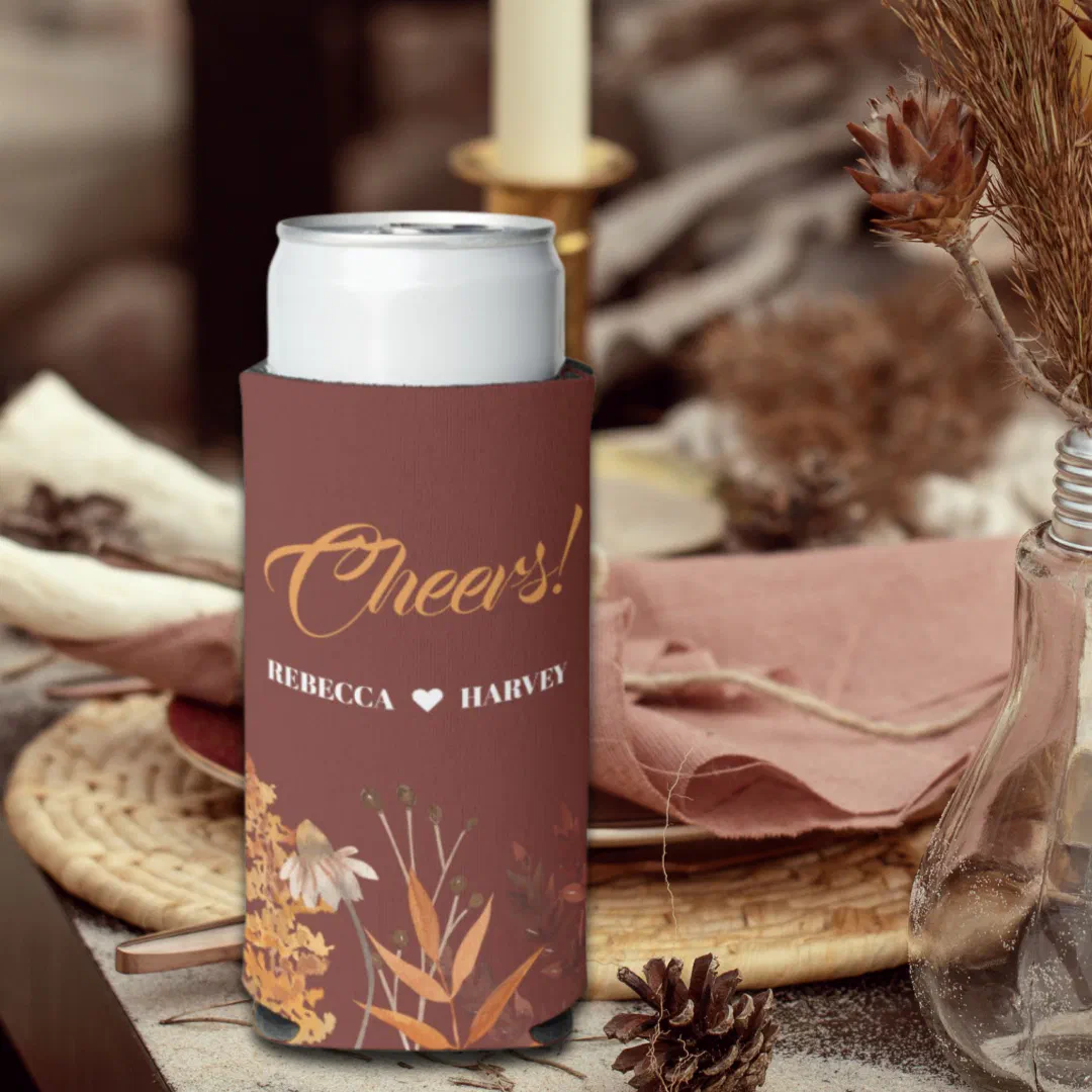 Boho Rustic Terracotta Floral Autumn Fall Wedding Seltzer Can Cooler

