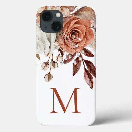 Boho Rustic Terracotta Florals Monogram Initial iPhone 13 Case