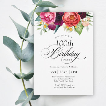 Boho Rustic Watercolor Floral 100th Birthday Party Invitation by Oasis_Landing at Zazzle