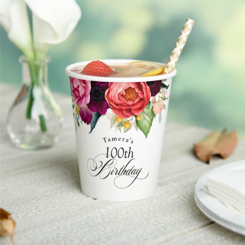 Boho Rustic Watercolor Floral 100th Birthday Party Paper Cups