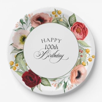 Boho Rustic Watercolor Floral 100th Birthday Party Paper Plates by Oasis_Landing at Zazzle