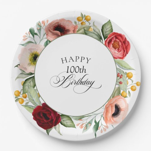 Boho Rustic Watercolor Floral 100th Birthday Party Paper Plates