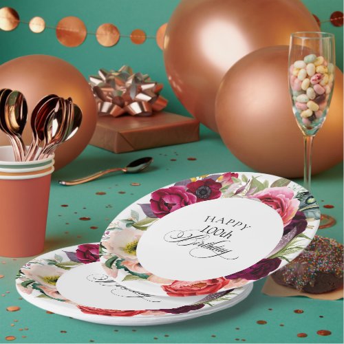 Boho Rustic Watercolor Floral 100th Birthday Party Paper Plates