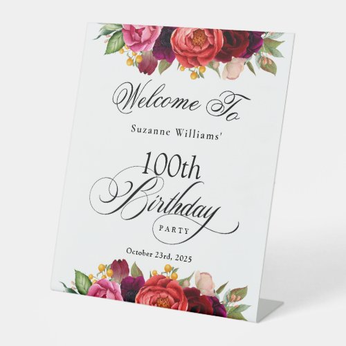 Boho Rustic Watercolor Floral 100th Birthday Party Pedestal Sign