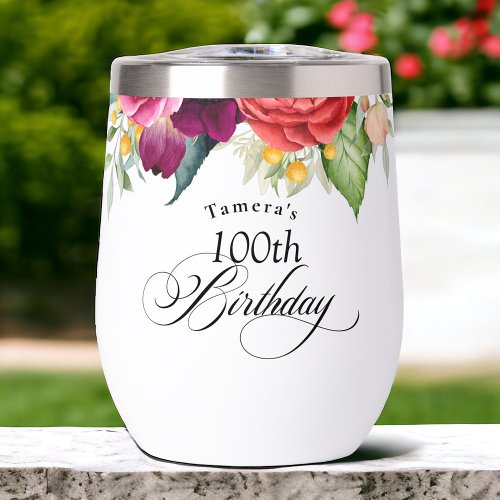Boho Rustic Watercolor Floral 100th Birthday Party Thermal Wine Tumbler