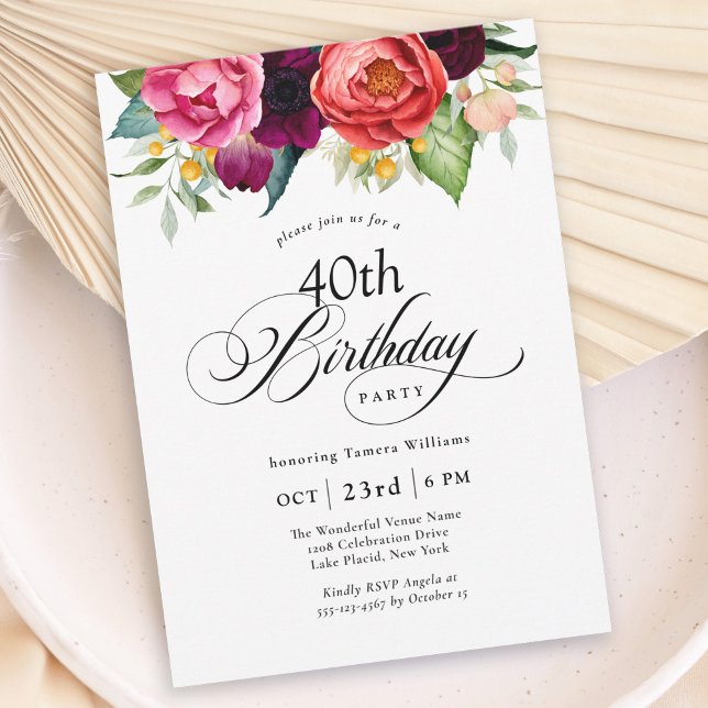 Boho Rustic Watercolor Floral 40th Birthday Party Invitation (Available in both printed and instant download digital formats.)