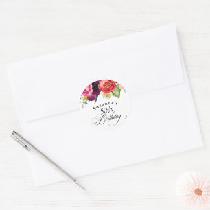 Boho Rustic Watercolor Floral 50th Birthday Party Classic Round Sticker