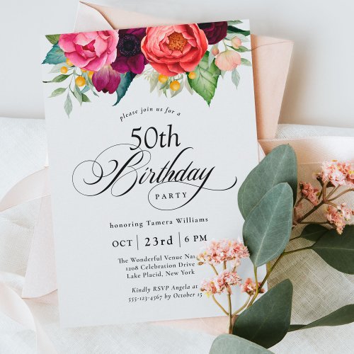 Boho Rustic Watercolor Floral 50th Birthday Party Invitation
