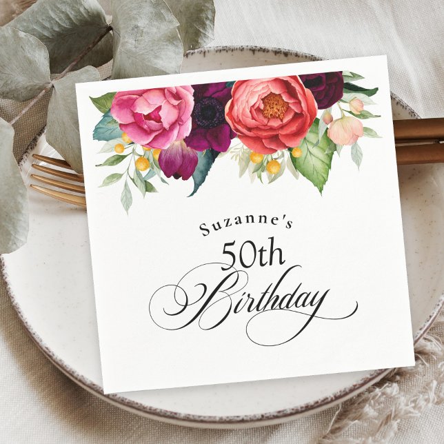 Boho Rustic Watercolor Floral 50th Birthday Party Napkins (Creator Uploaded)