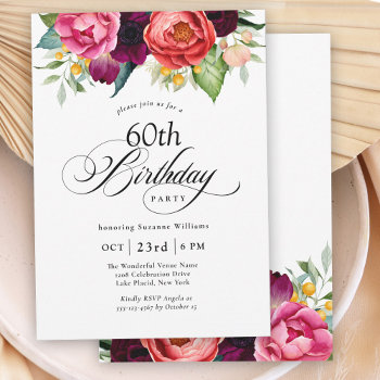 Boho Rustic Watercolor Floral 60th Birthday Party Invitation by Oasis_Landing at Zazzle