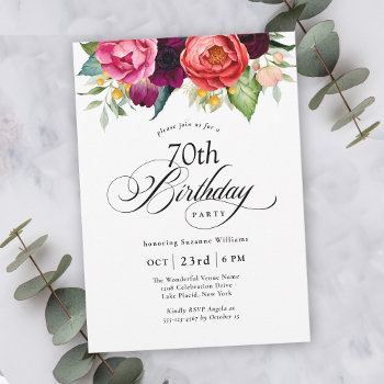 Boho Rustic Watercolor Floral 70th Birthday Party Invitation by Oasis_Landing at Zazzle