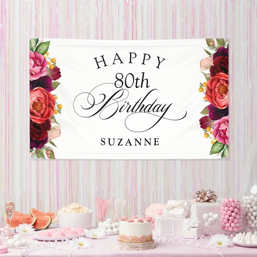 Boho Rustic Watercolor Floral 80th Birthday Party Banner