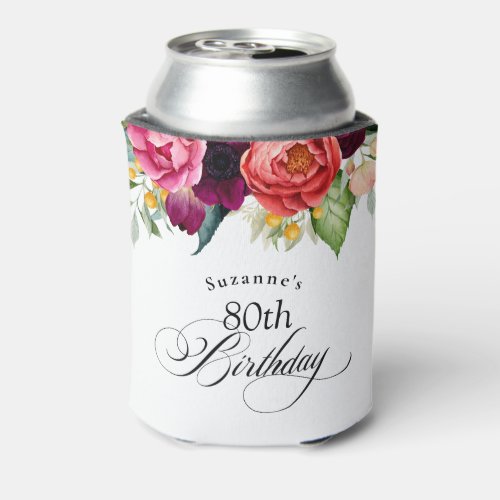 Boho Rustic Watercolor Floral 80th Birthday Party Can Cooler