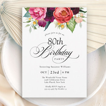 Boho Rustic Watercolor Floral 80th Birthday Party Invitation by Oasis_Landing at Zazzle