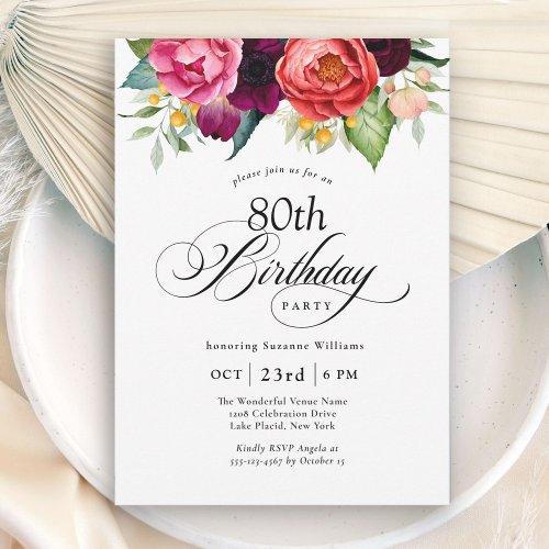 Boho Rustic Watercolor Floral 80th Birthday Party Invitation