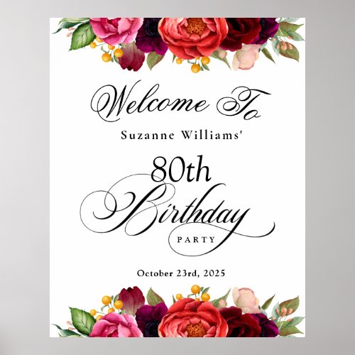 Boho Rustic Watercolor Floral 80th Birthday Party Poster