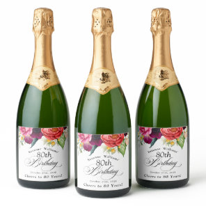Boho Rustic Watercolor Floral 80th Birthday Sparkling Wine Label