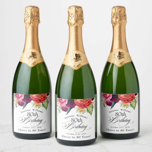 Boho Rustic Watercolor Floral 80th Birthday Sparkling Wine Label
