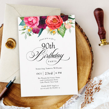 Boho Rustic Watercolor Floral 90th Birthday Party Invitation by Oasis_Landing at Zazzle
