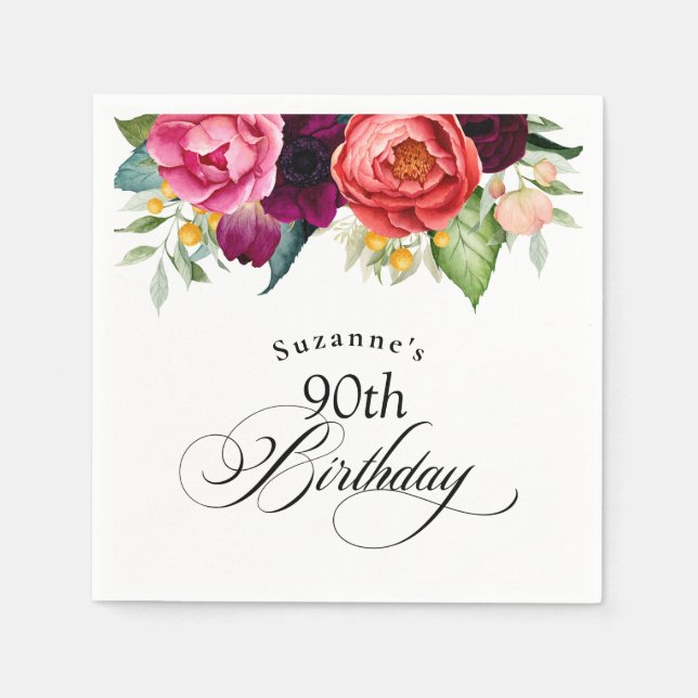 Boho Rustic Watercolor Floral 90th Birthday Party Napkins (Front)