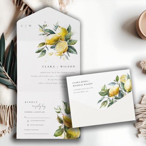 Boho Rustic Watercolor Yellow Lemon Garden Wedding All In One Invitation