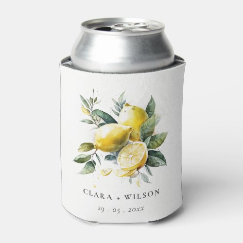 Boho Rustic Watercolor Yellow Lemon Garden Wedding Can Cooler