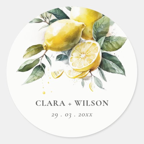 Boho Rustic Watercolor Yellow Lemon Garden Wedding Classic Round Sticker