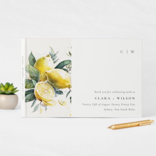 Boho Rustic Watercolor Yellow Lemon Garden Wedding Guest Book