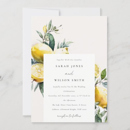 Boho Rustic Watercolor Yellow Lemon Garden Wedding Invitation