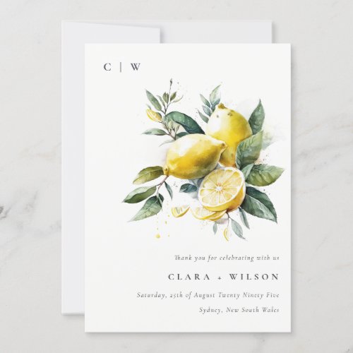 Boho Rustic Watercolor Yellow Lemon Garden Wedding Thank You Card