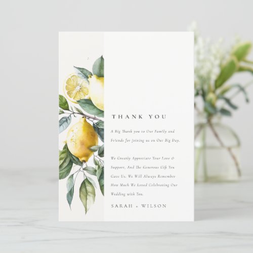 Boho Rustic Watercolor Yellow Lemon Garden Wedding Thank You Card